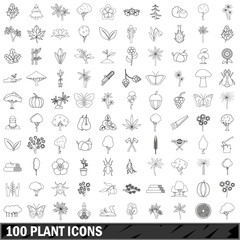 100 plant icons set, outline style