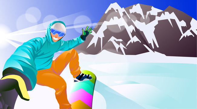 Vector illustration man on a snowboard going down a hill.