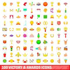 100 victory and awards icons set, cartoon style