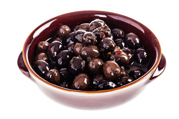 Black olives bowl isolated