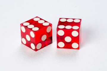 Two red dices, casino isolated on white background