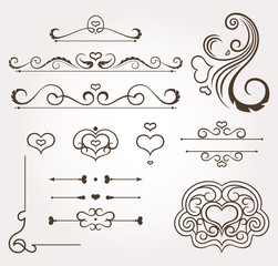 Set of calligraphic floral valentine's day design elements and page decoration. Vector illustration