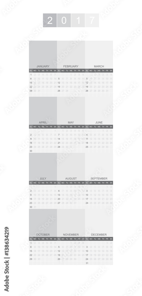 Poster calendar for 2017 year vertical format. week starts monday. vector template for business graphics.