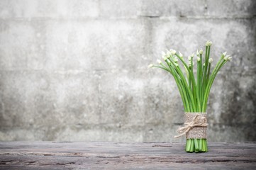 Chives flower or Chinese chives on wooden table with old brick wall background