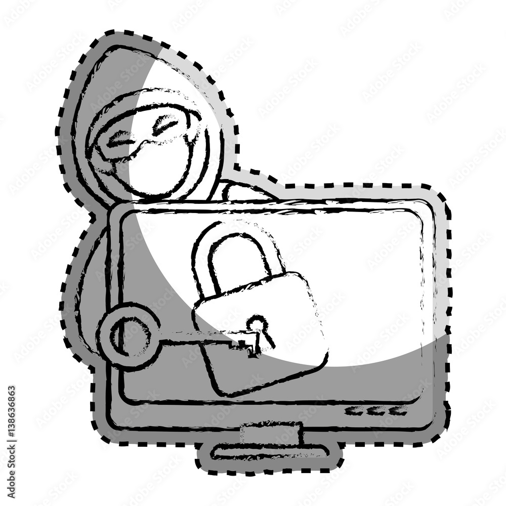 Poster sticker monochrome blurred with hacker and lcd monitor with padlock vector illustration