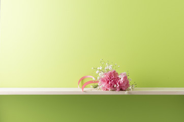 グリーンの壁と棚の室内イメージ