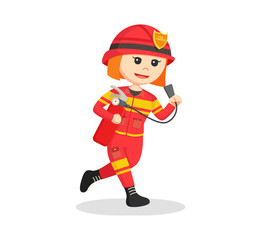 firewoman running with fire extinguisher