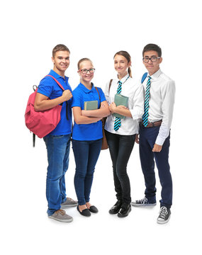 Group of classmates on white background
