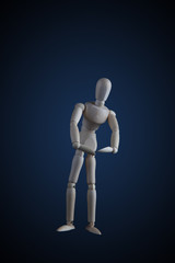 Wooden figurine flexing muscles in bodybuilder pose on dark background