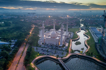 Aerial - Sunrise at a mosque