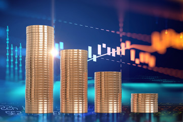 3d rendering of coin stacks on technology financial graph background