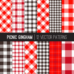 Red Picnic Tablecloth Gingham and Tartan Patterns. Vector Pattern Tile Swatches Included.