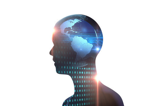silhouette of virtual human on digital world map 3dillustration