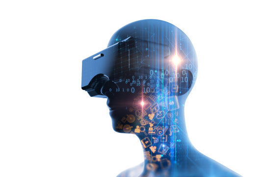 3d rendering of virtual human in VR headset on futuristic technology background
