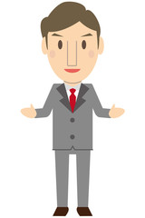 かわいいミドル世代ビジネスマン　グレーのスーツ　両手を広げて解説