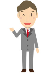 かわいいミドル世代ビジネスマン　グレーのスーツ　ウィンクして紹介