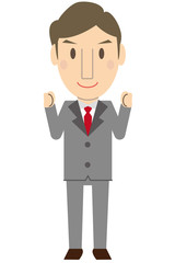 かわいいミドル世代ビジネスマン　グレーのスーツ　笑顔で小さくガッツポーズ