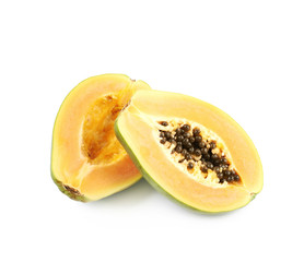 Papaya fruit cut in two halves isolated