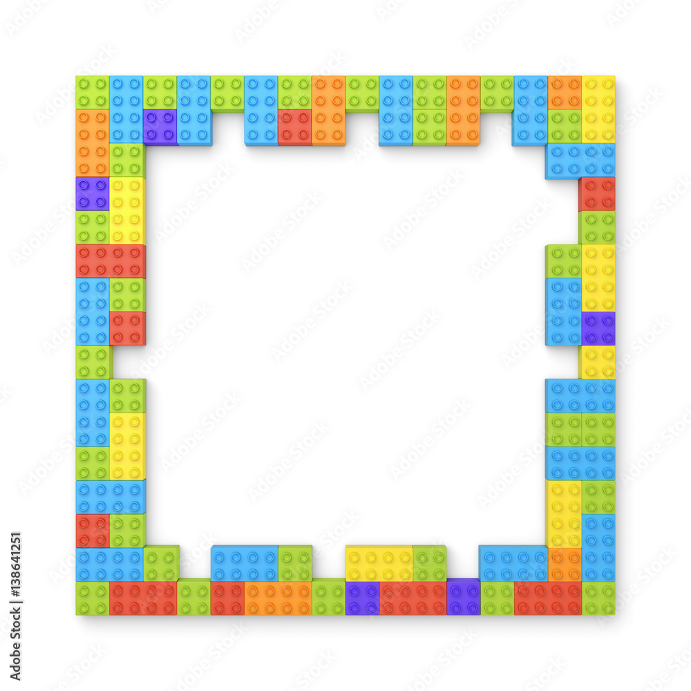 Poster 3d rendering of many blocks in different colors making up one hollow square shape in top view.
