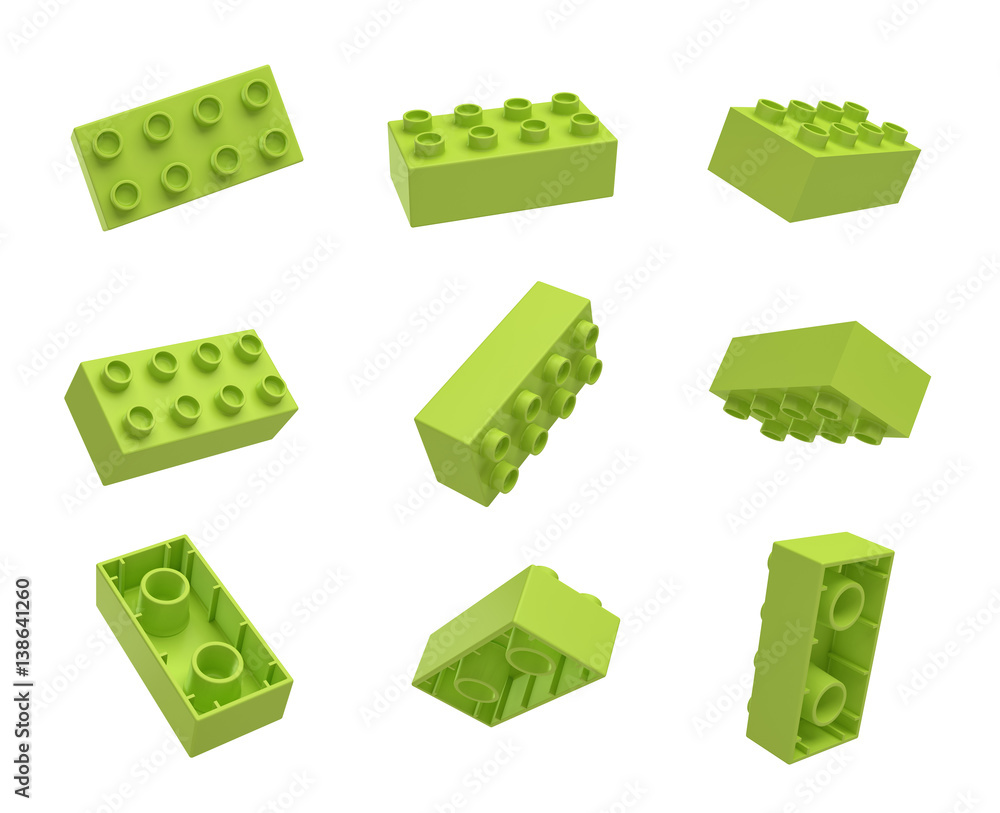 Poster 3d rendering of many green toy blocks hanging in the air and shown from all sides.