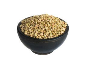 Dry Green Buckwheat Grain in Round Black Bowls Isolated