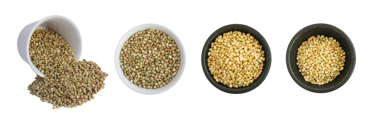 Dry Green Buckwheat Grain in Round Black Bowls Isolated