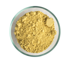 Mustard Powder in Round Glass Bowl Isolated on White Background