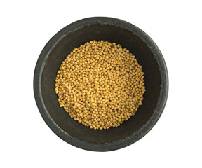 Mustard Seeds in Round Black Bowl Isolated on White Background