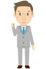 かわいい若い短髪ビジネスマン　さわやか　グレーのスーツ　片手で小さくガッツポーズ