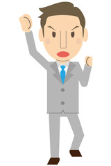 かわいい若い短髪ビジネスマン　さわやか　グレーのスーツ　ガッツポーズ