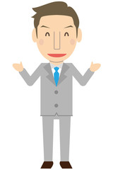 かわいい若い短髪ビジネスマン　さわやか　グレーのスーツ　満面の笑みで紹介