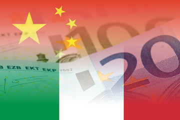 china and italy flags with euro banknotes mixed image