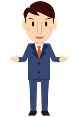 かわいい若いビジネスマン　真面目　ブルーのスーツ
両手を広げて紹介