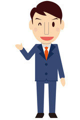 かわいい若いビジネスマン　真面目　ブルーのスーツ　ウィンクして紹介