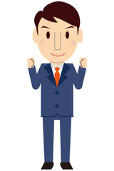 かわいい若いビジネスマン　真面目　ブルーのスーツ
笑顔で両手で小さくガッツポーズ