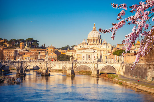Fototapeta View at Tiber and St. Peter's cathedral in Rome