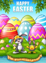 Happy rabbit and chicken cartoon wearing costumes in the woods near the river