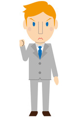 かわいいブロンド外国人　教師　ビジネスマン　グレーのスーツ　片手で小さくガッツポーズ