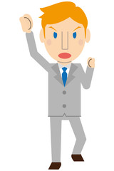 かわいいブロンド外国人　教師　ビジネスマン　グレーのスーツ　ガッツポーズ