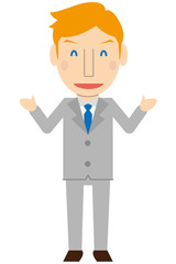 かわいいブロンド外国人　教師　ビジネスマン　グレーのスーツ　満面の笑みで解説