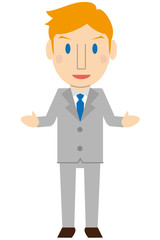 かわいいブロンド外国人　教師　ビジネスマン　グレーのスーツ　小さく笑顔で説明