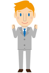 かわいいブロンド外国人　教師　ビジネスマン　グレーのスーツ 笑顔で小さく両手ガッツポーズ