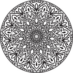 Drawing of a abstract vector with floral round lace mandala, decorative element in ethnic tribal style, black line art on a white background