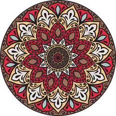 Drawing of a floral mandala in brown, yellow and red  colors on a white background. Hand drawn tribal  vector stock illustration