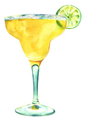 Watercolour Margarita cocktail with slice of lime, isolated