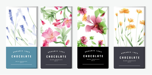 Chocolate bar packaging mock up set, watercolor style. Trendy luxury product branding template with label and geometric pattern. vector