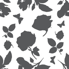 Seamless vector pattern with rose, leaves, and butterflies silho