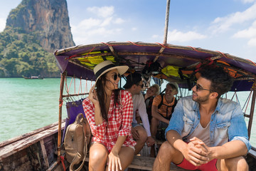 Young People Group Tourist Sail Long Tail Thailand Boat Ocean Friends Sea Vacation Travel Trip Tropical Holiday