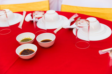 Prepare table of Chinese food party in wedding.