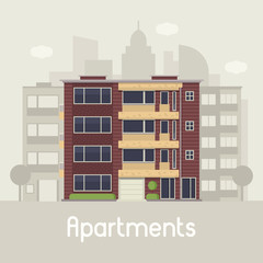 Apartment building front view on urban background. Multistory house on town landscape vector illustration. Bauhaus architecture urban home in flat design. Real estate agency in modern city concept.